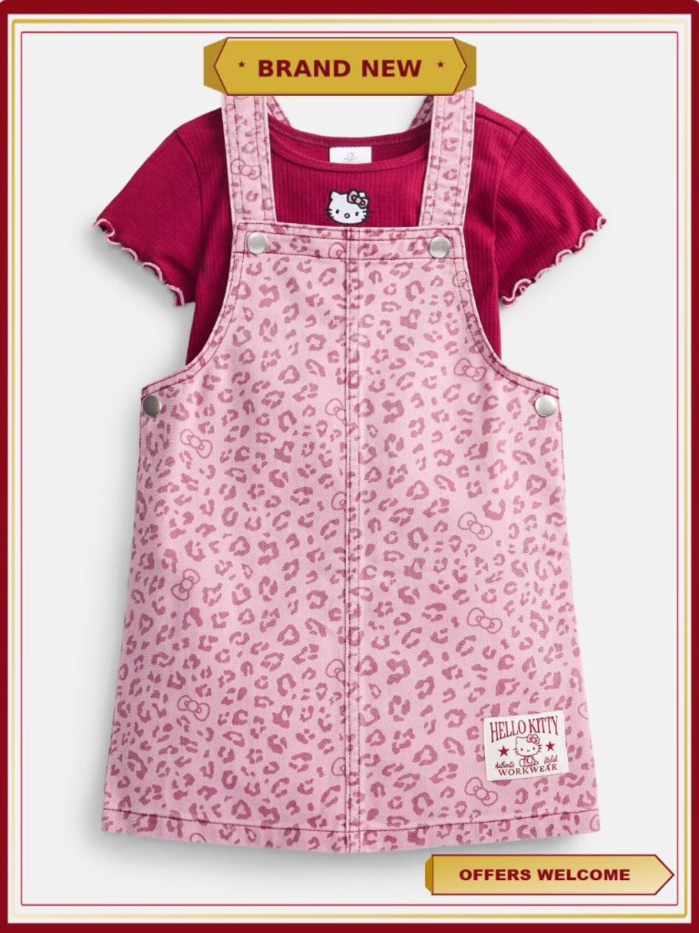 Girls 2 Piece Set - Ribbed Tee & Denim Jumper Dress with Hello Kitty